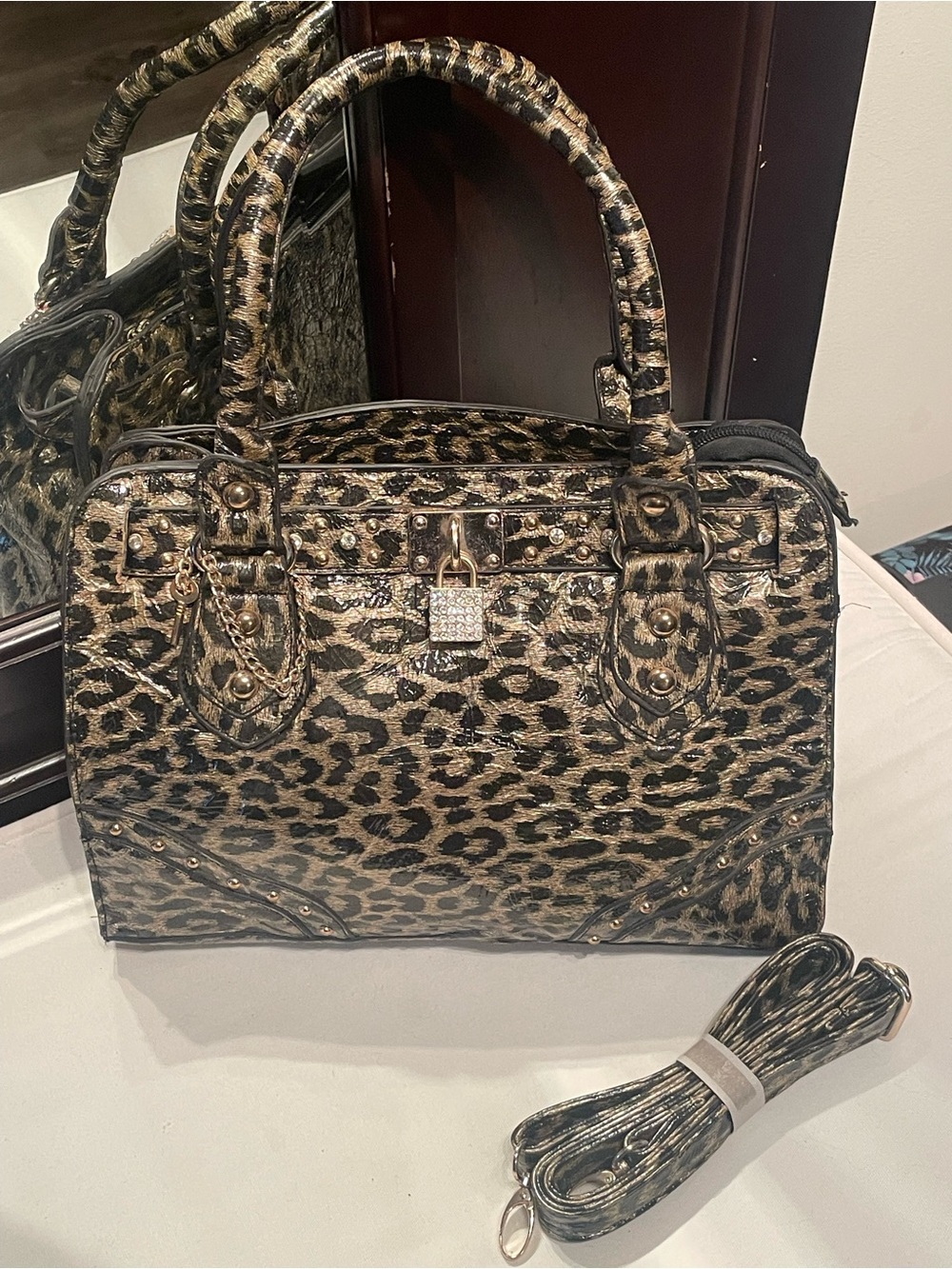 Leopard Print Dome Satchel Handbag with Detachable Strap